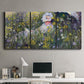 Three-panel canvas wall art featuring woman walking with parasol, displayed above a desk in a home office.