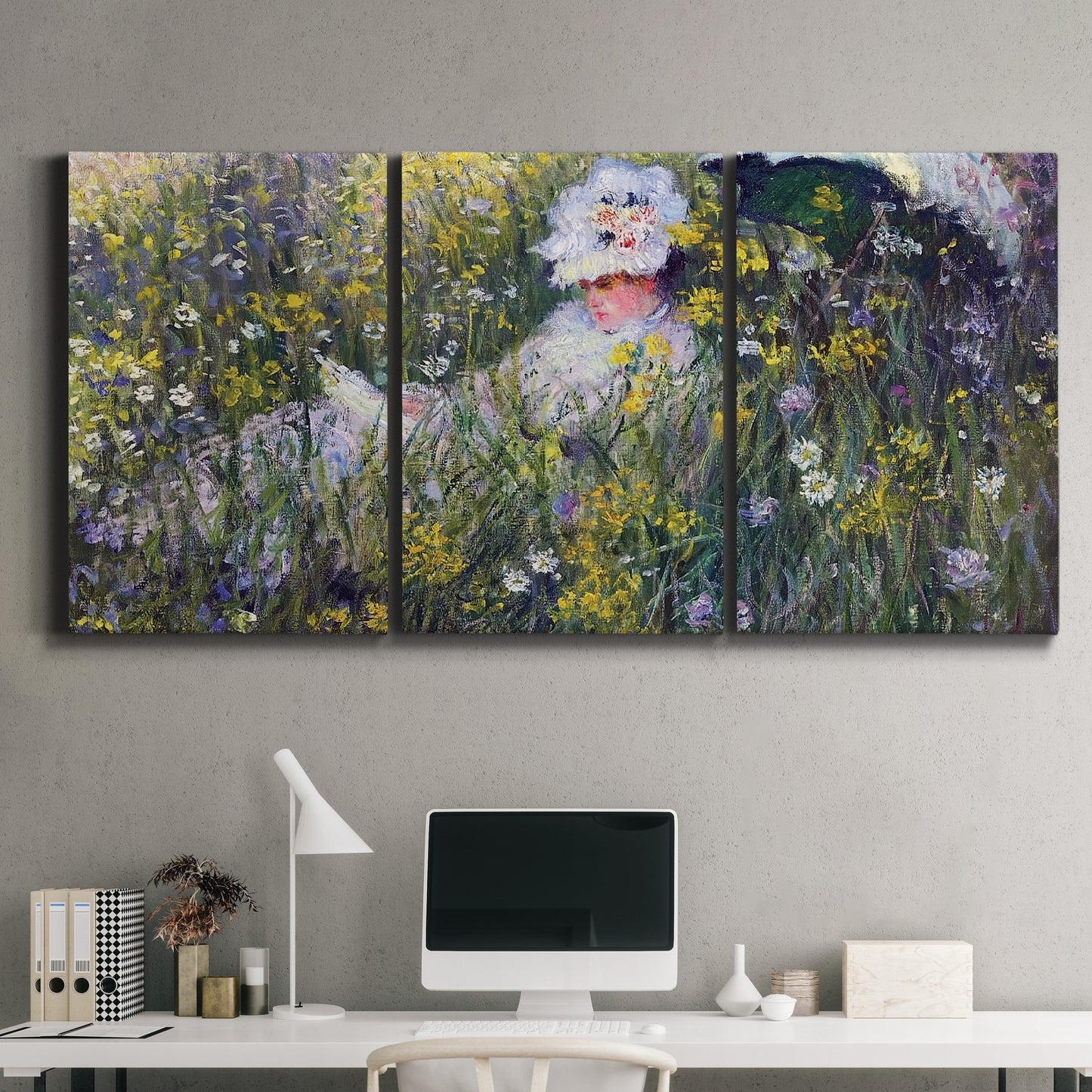 Three-panel canvas wall art featuring woman walking with parasol, displayed above a desk in a home office.