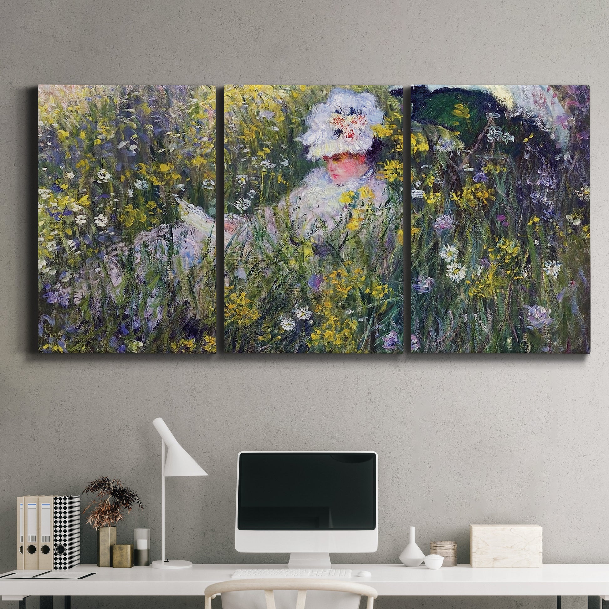 Three-panel canvas wall art featuring woman walking with parasol, displayed above a desk in a home office.