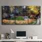 Three-panel canvas wall art featuring garden in full bloom by coast, displayed above a desk in a home office.