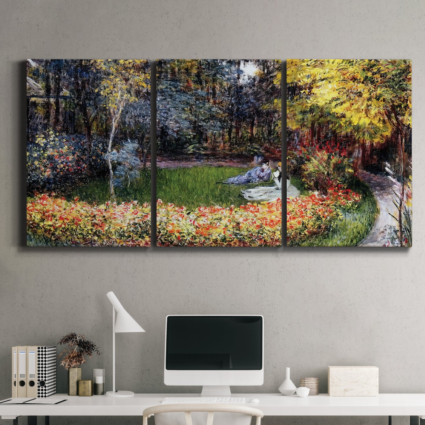 Three-panel canvas wall art featuring garden in full bloom by coast, displayed above a desk in a home office.
