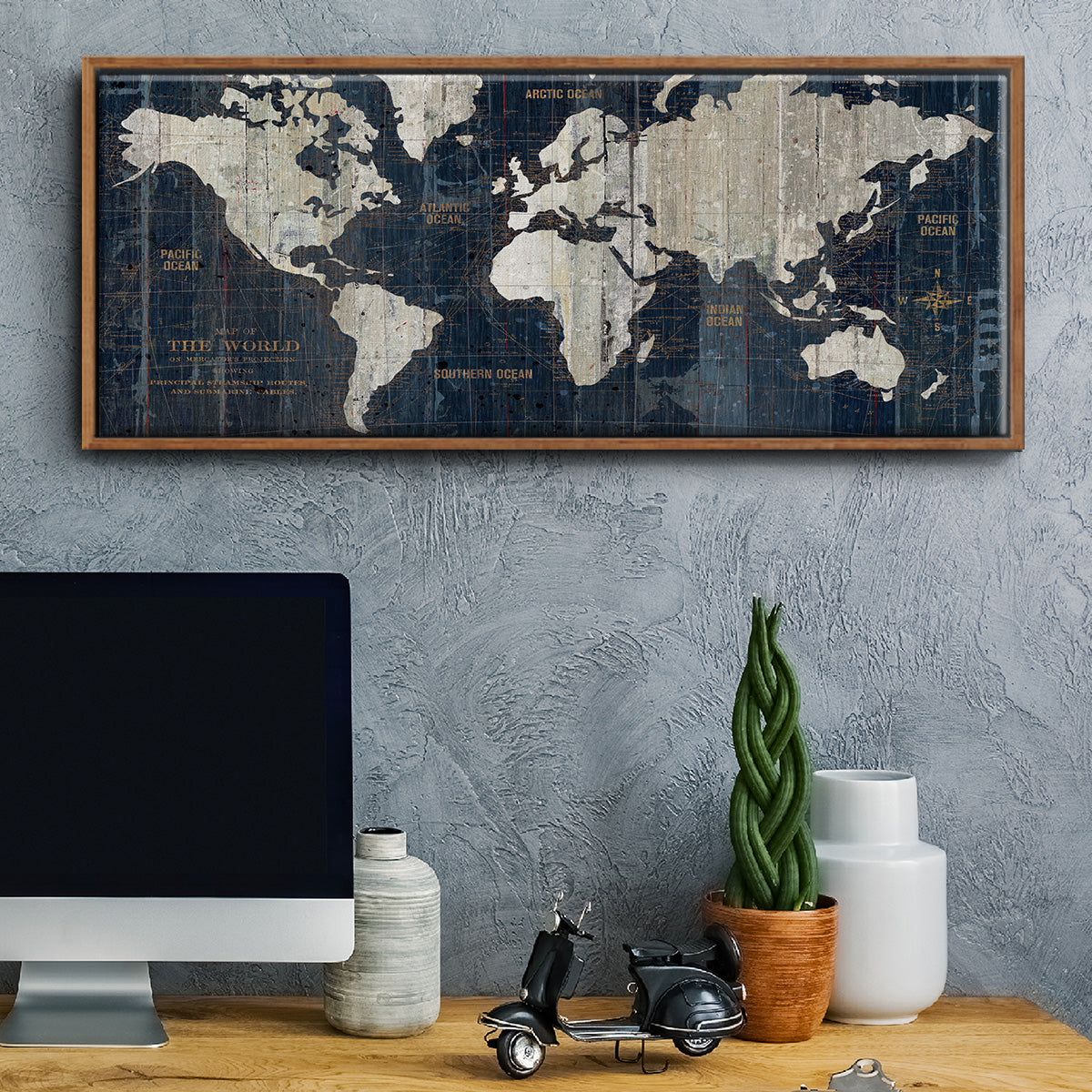 Old World Map Blue - Floater Framed Canvas Print