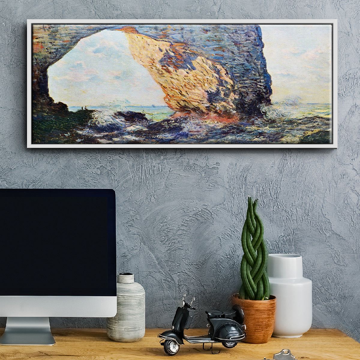 The rocky cliffs of Ã‰tretat (La Porte man) [1] by Monet - Floater Framed Canvas Print