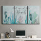 Three-panel canvas wall art featuring coastal typography with seahorses, displayed above a desk in a home office.