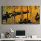 Three-panel canvas wall art featuring small boat on calm water, displayed above a desk in a home office.