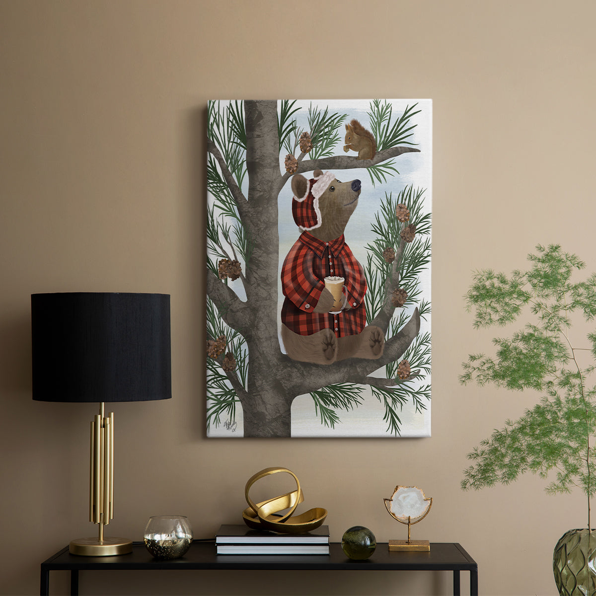 Lumberjack Bear Pine Tree Coffee Break - Canvas Art Print