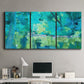 Three-panel canvas wall art featuring abstract river composition with movement, displayed above a desk in a home office.