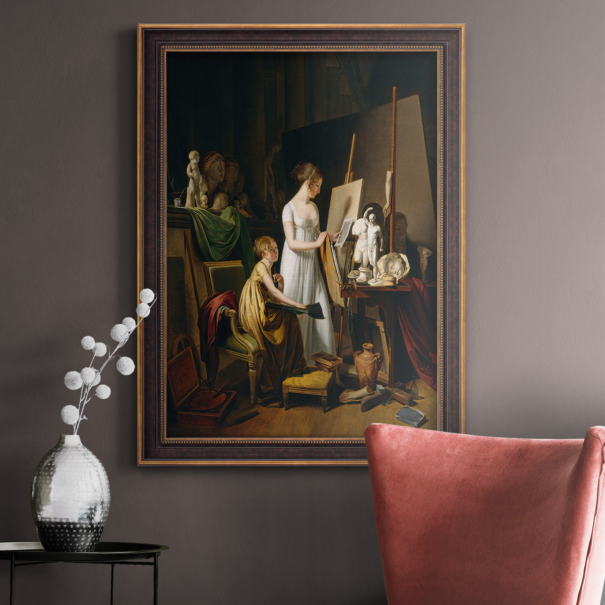 Classical interior painting of an artist at work by Louis-Leopold Boilly in an ornate bronzed mahogany wood frame displayed in a neutral interior setting.