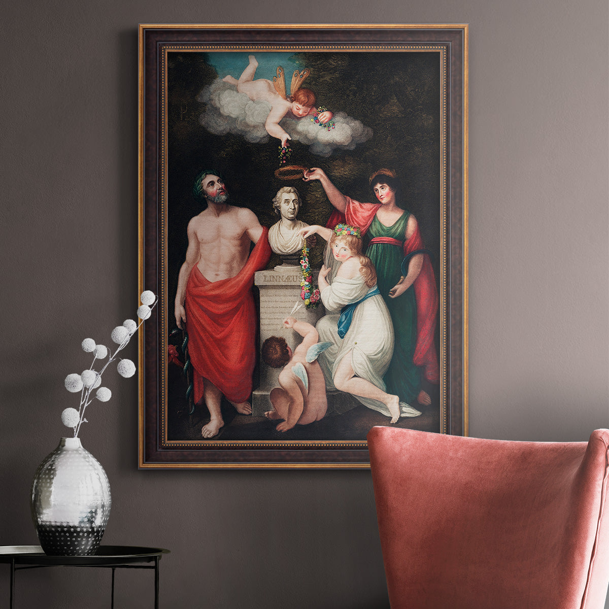 Classical allegorical painting honoring Linnaeus by Robert John Thornton in an ornate bronzed mahogany wood frame displayed in a neutral interior setting.