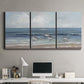 Three-panel canvas wall art featuring shore birds searching along beach, displayed above a desk in a home office.