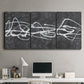 Three-panel canvas wall art featuring minimal abstract frequency lines, displayed above a desk in a home office.
