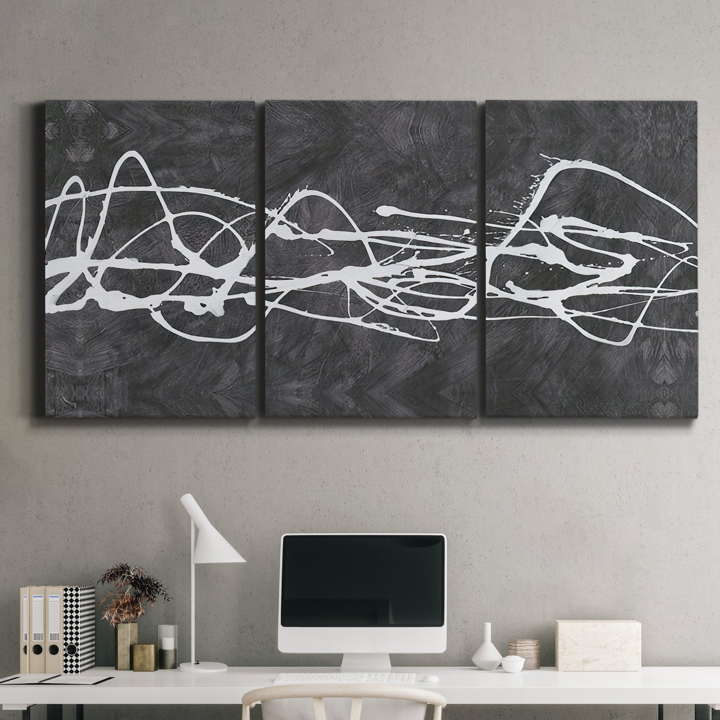 Three-panel canvas wall art featuring minimal abstract frequency lines, displayed above a desk in a home office.