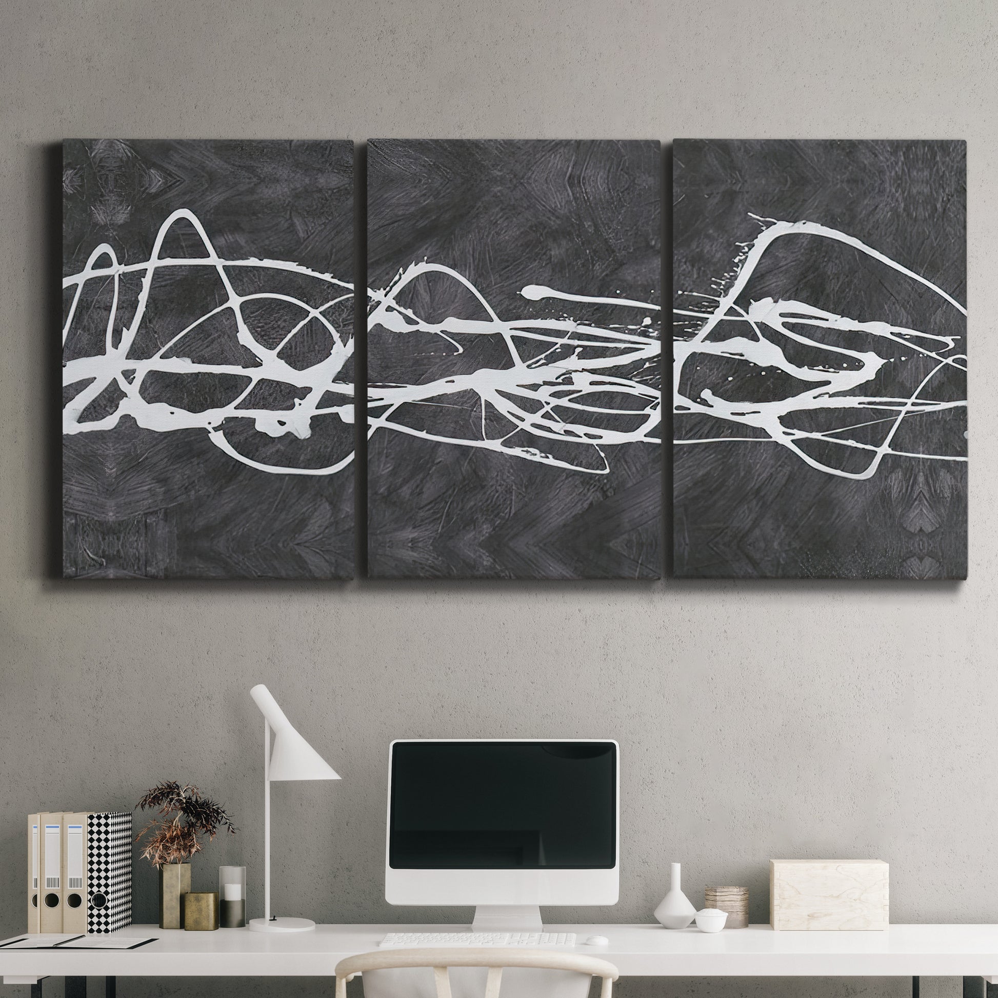 Three-panel canvas wall art featuring minimal abstract frequency lines, displayed above a desk in a home office.