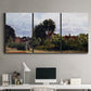 Three-panel canvas wall art featuring garden corner with flowering trees, displayed above a desk in a home office.
