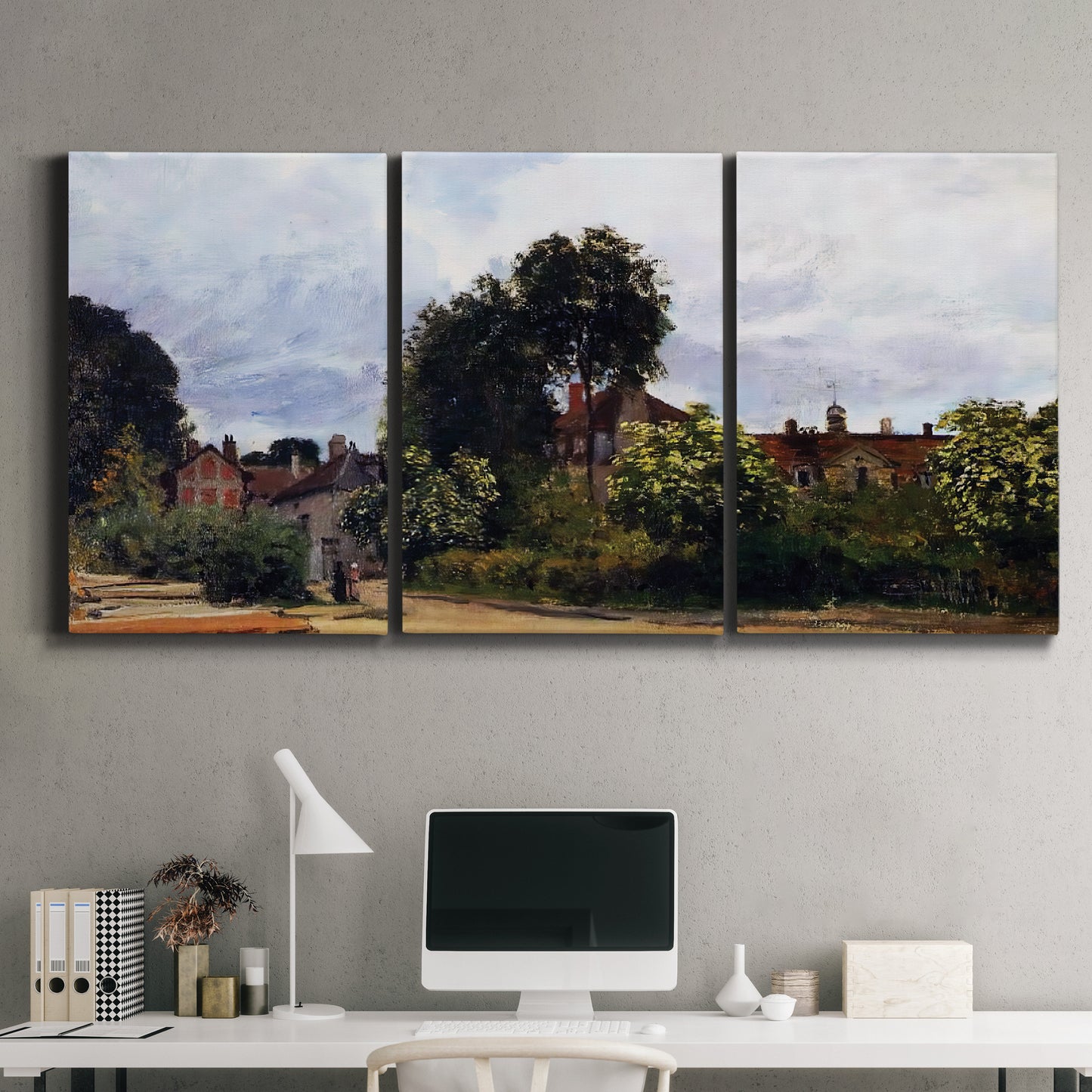 Three-panel canvas wall art featuring garden corner with flowering trees, displayed above a desk in a home office.