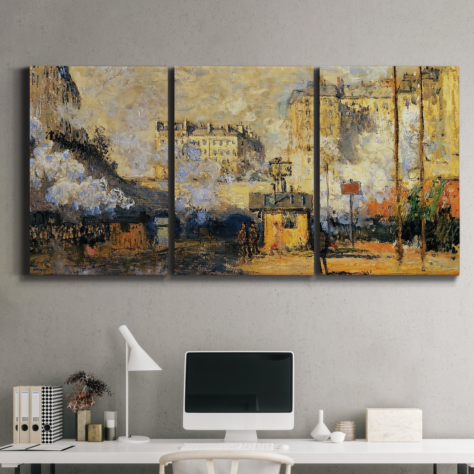Three-panel canvas wall art featuring calm tropical shoreline at dusk, displayed above a desk in a home office.