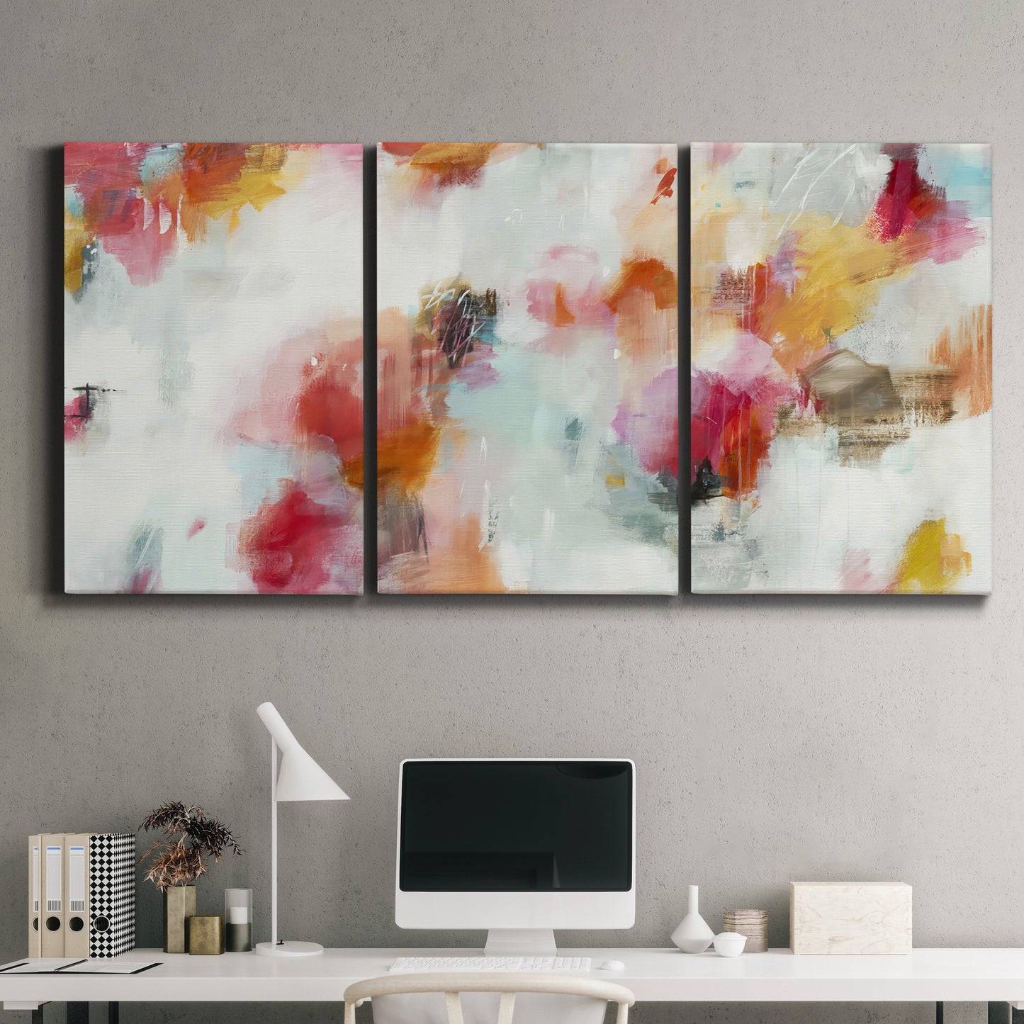 Three-panel canvas wall art featuring abstract directional visual shift, displayed above a desk in a home office.