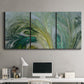 Three-panel canvas wall art featuring layered modern abstract landscape, displayed above a desk in a home office.