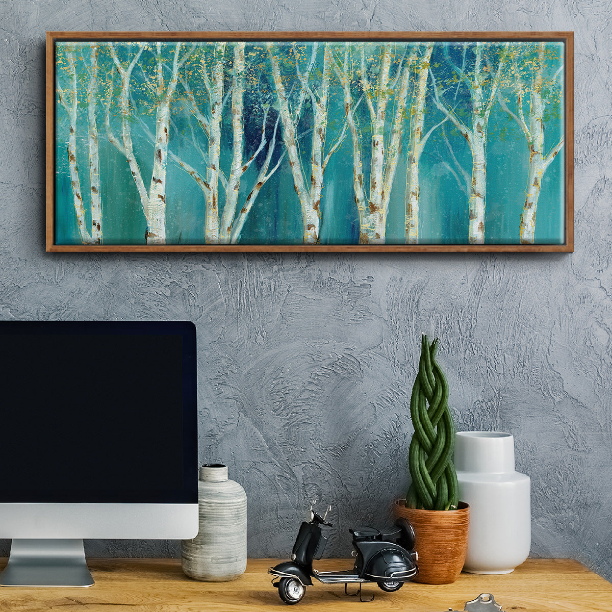 Birch on Blue - Floater Framed Canvas Print