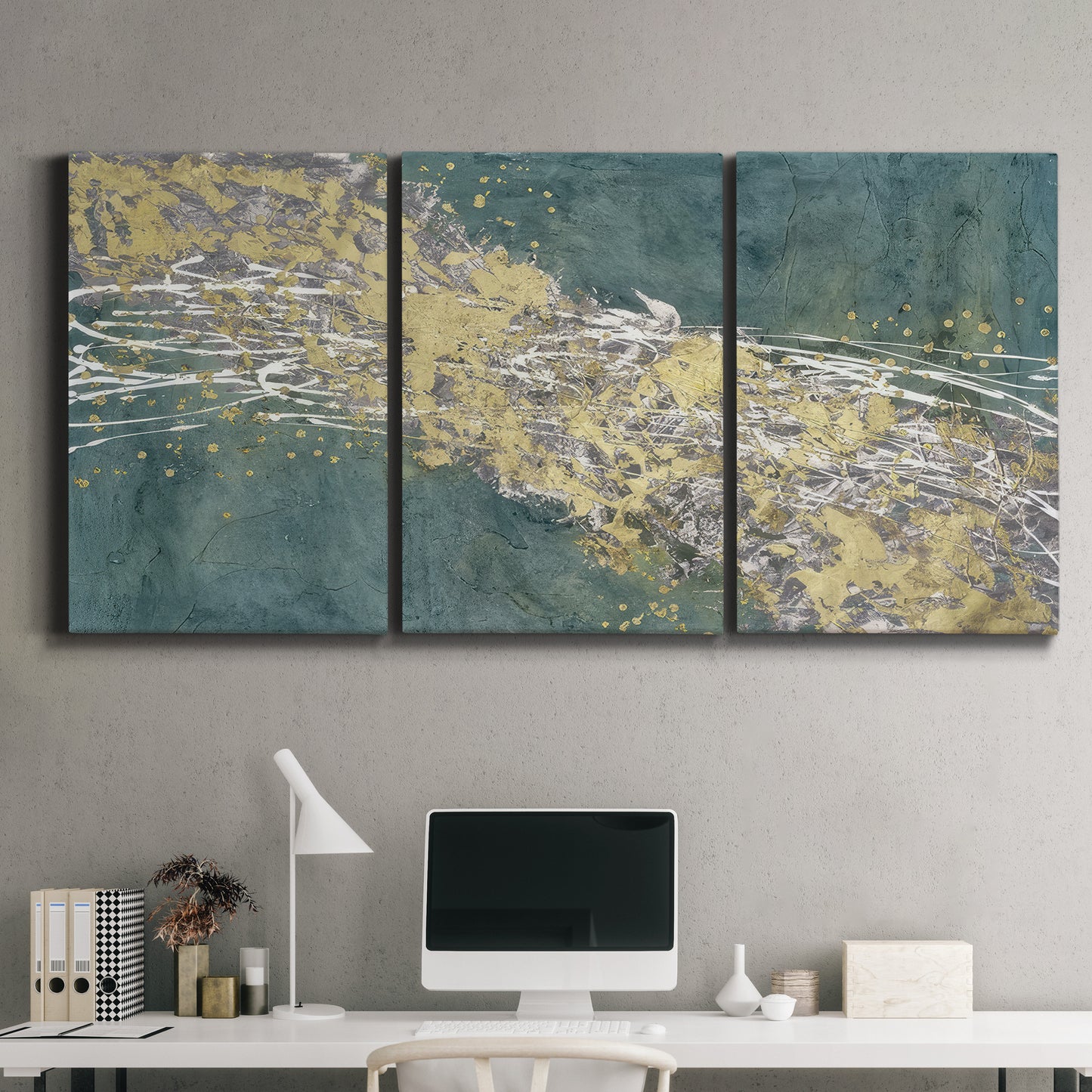 Three-panel canvas wall art featuring soft abstract wind movement, displayed above a desk in a home office.