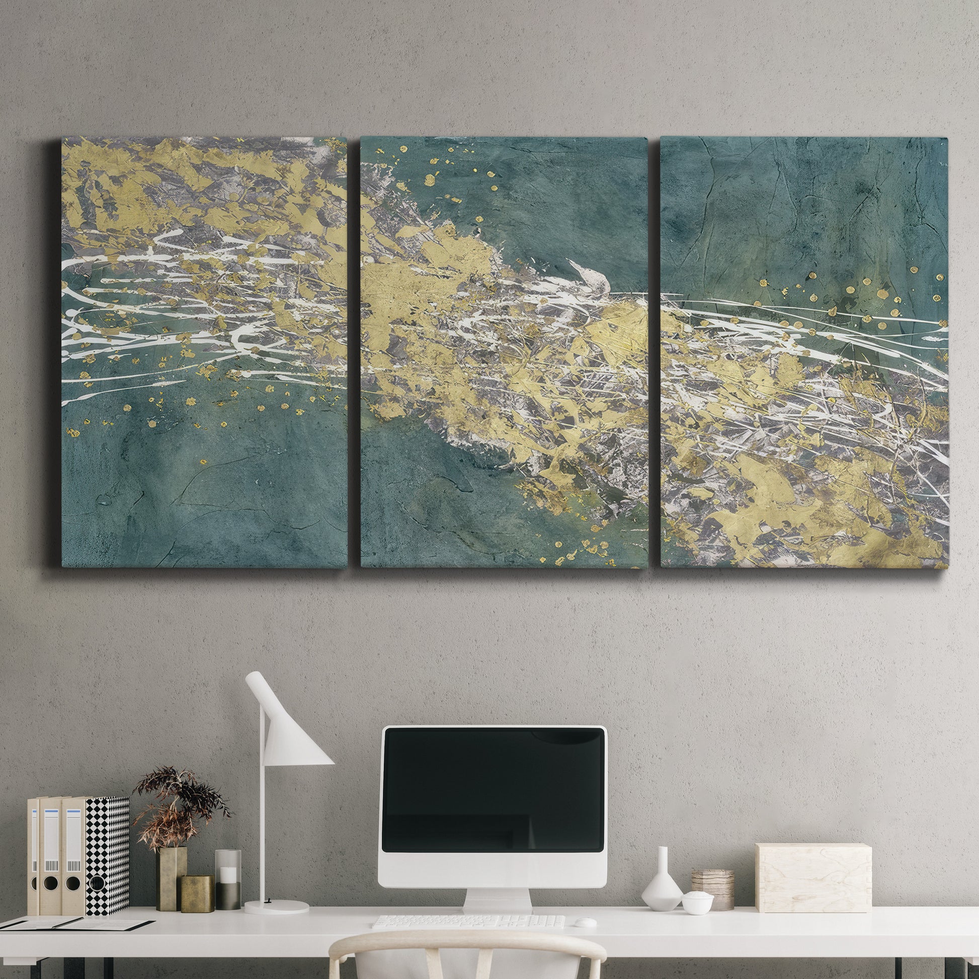 Three-panel canvas wall art featuring soft abstract wind movement, displayed above a desk in a home office.