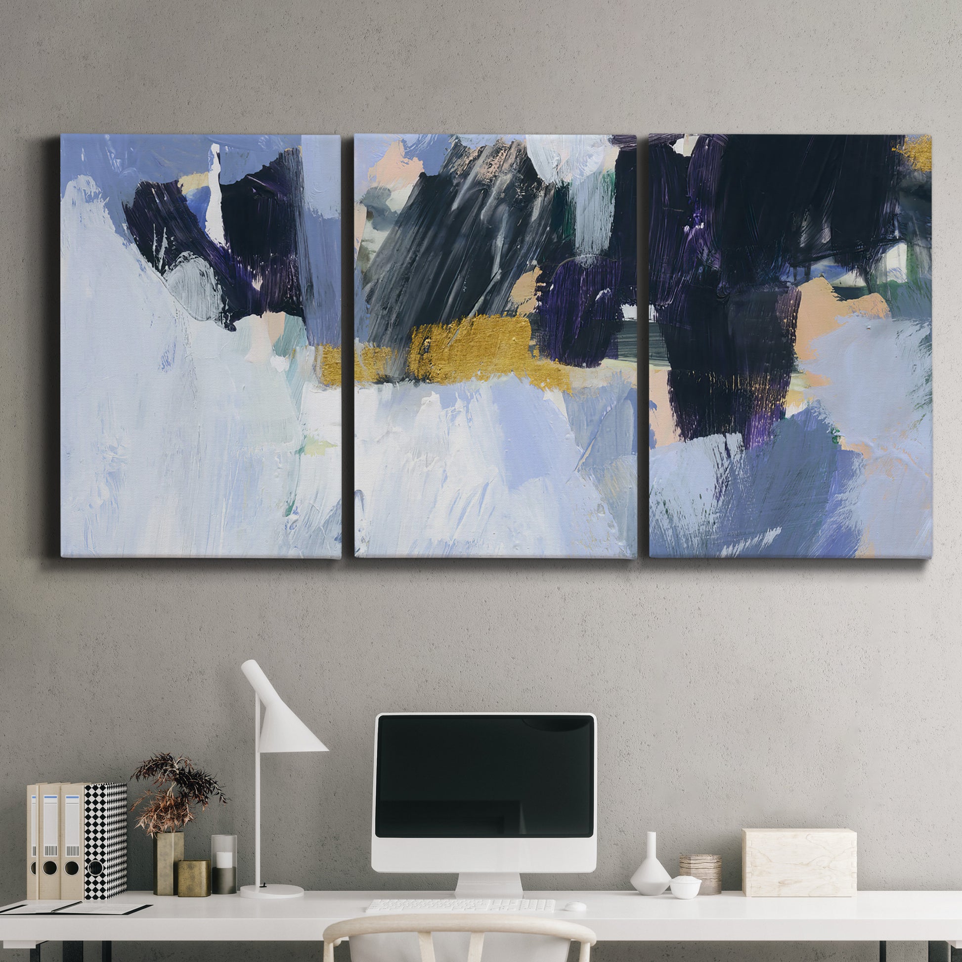 Three-panel canvas wall art featuring icy abstract arctic ledge, displayed above a desk in a home office.