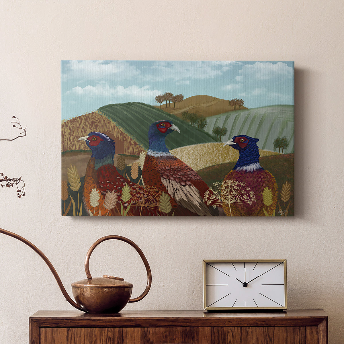 Pheasant Trio in Field - Canvas Art Print