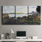 Three-panel canvas wall art featuring river with boats and shoreline, displayed above a desk in a home office.