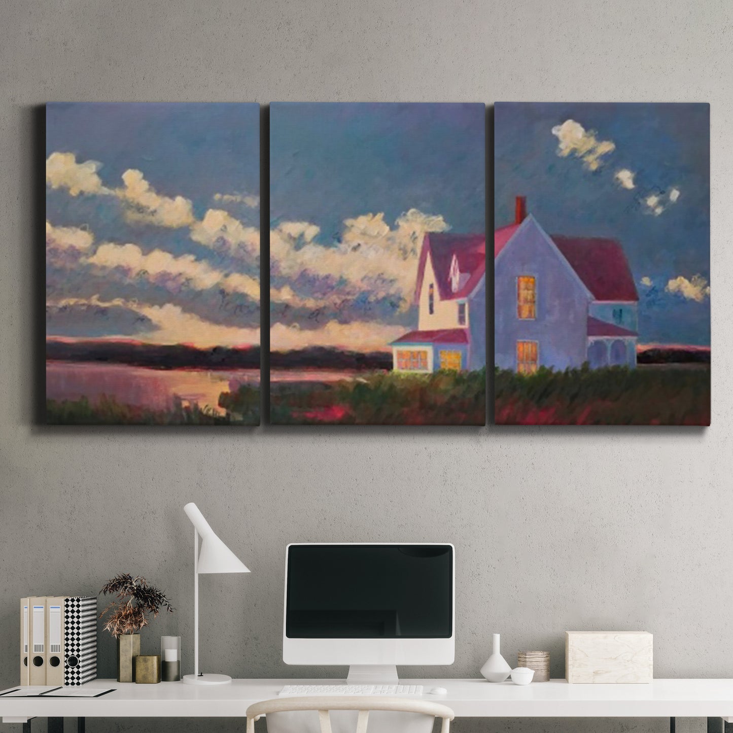 Three-panel canvas wall art featuring farmhouse scene before approaching storm, displayed above a desk in a home office.