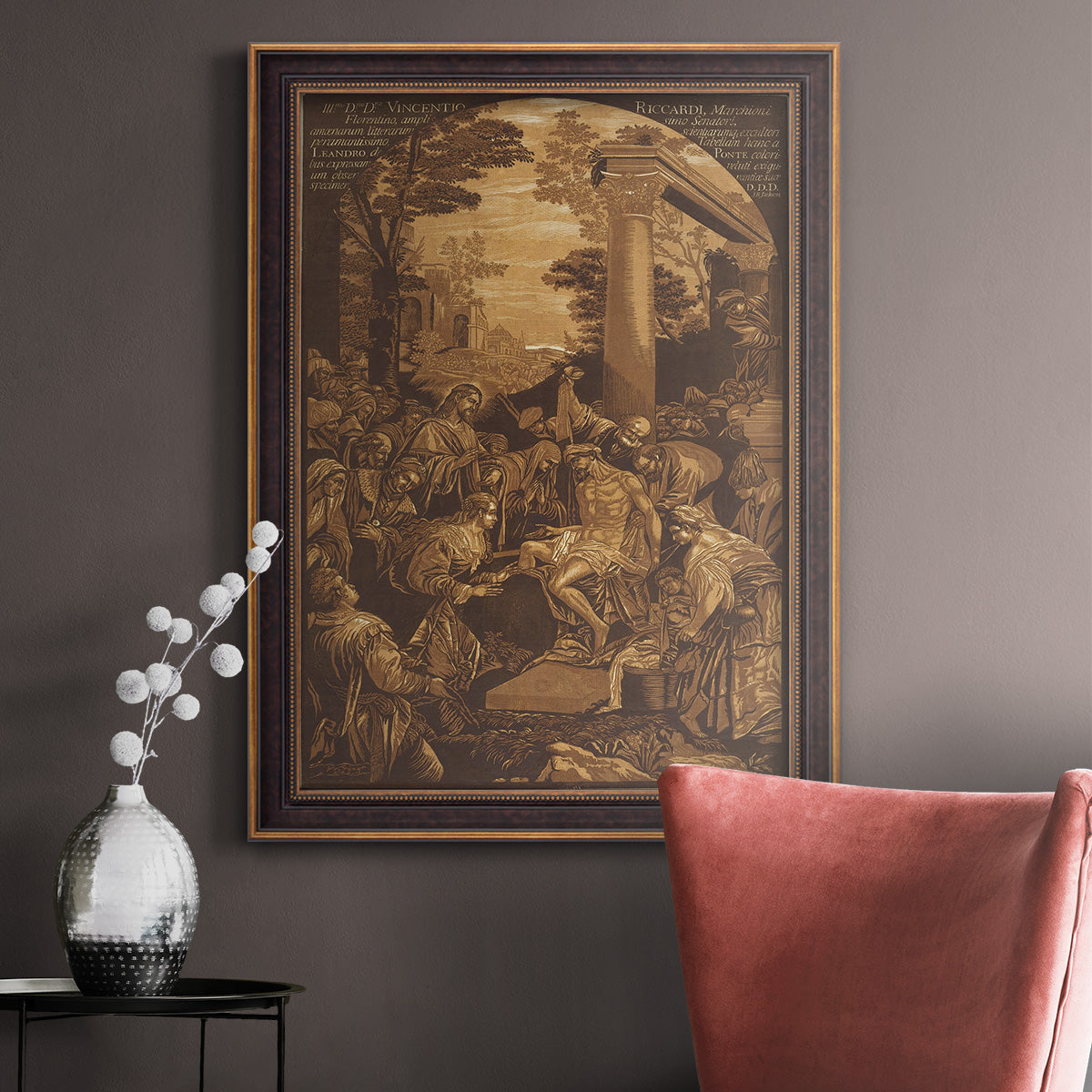 Monochrome religious painting of the raising of Lazarus by Leandro Bassano in an ornate bronzed mahogany wood frame displayed in a neutral interior setting.