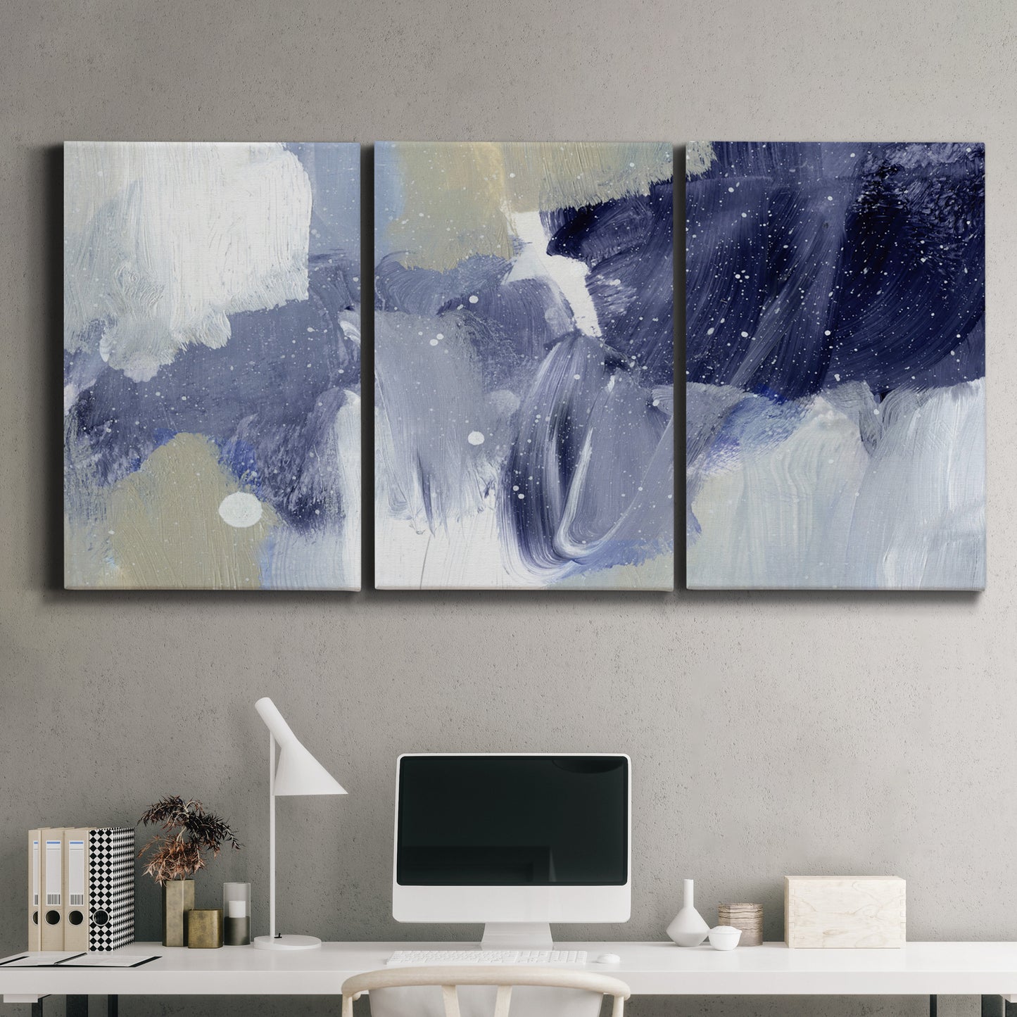 Three-panel canvas wall art featuring abstract sky break composition, displayed above a desk in a home office.