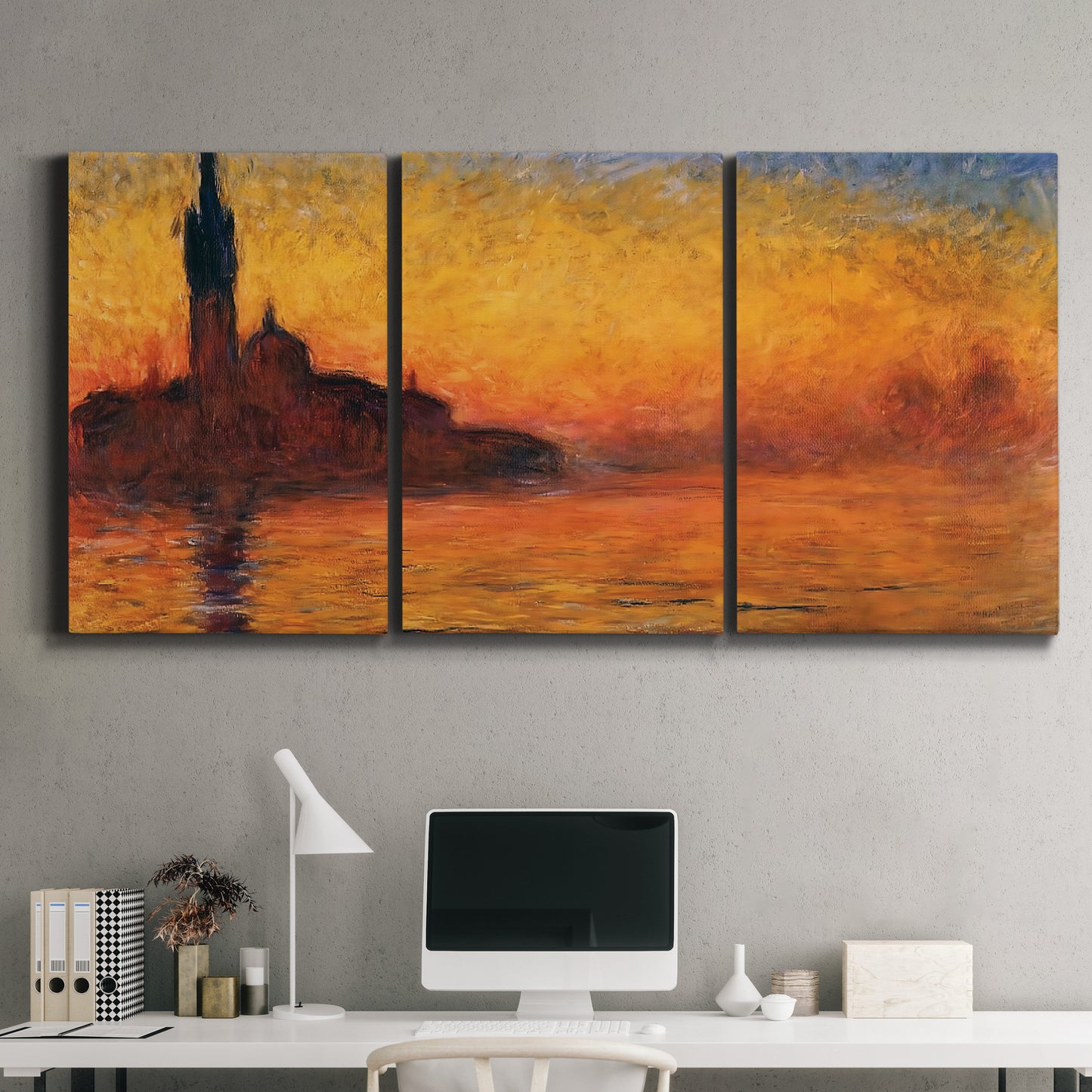 Three-panel canvas wall art featuring Venetian church at sunset, displayed above a desk in a home office.