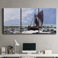 Three-panel canvas wall art featuring stormy sea with crashing waves, displayed above a desk in a home office.