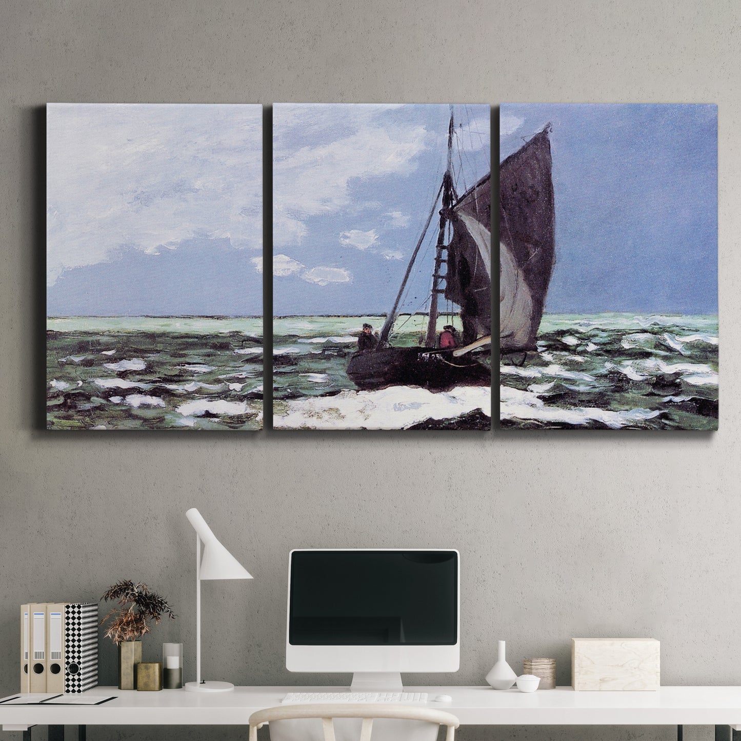 Three-panel canvas wall art featuring stormy sea with crashing waves, displayed above a desk in a home office.