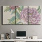 Three-panel canvas wall art featuring soft pink peony blossoms, displayed above a desk in a home office.