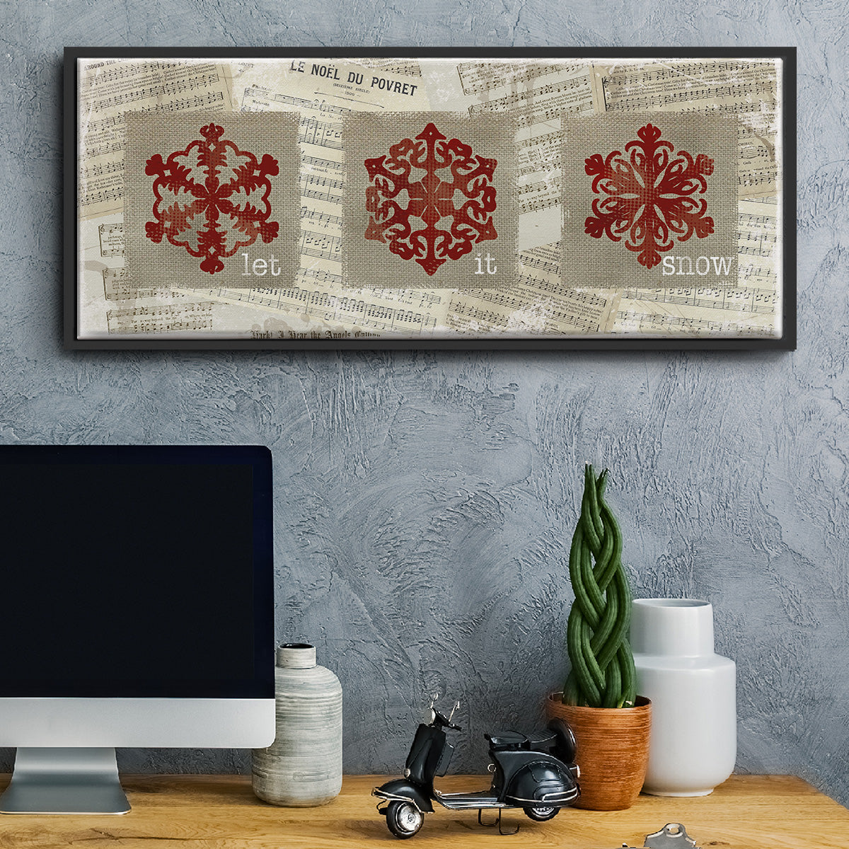 Burlap Music Snowflakes - Floater Framed Canvas Print