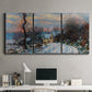Three-panel canvas wall art featuring snow covered road leading to village, displayed above a desk in a home office.