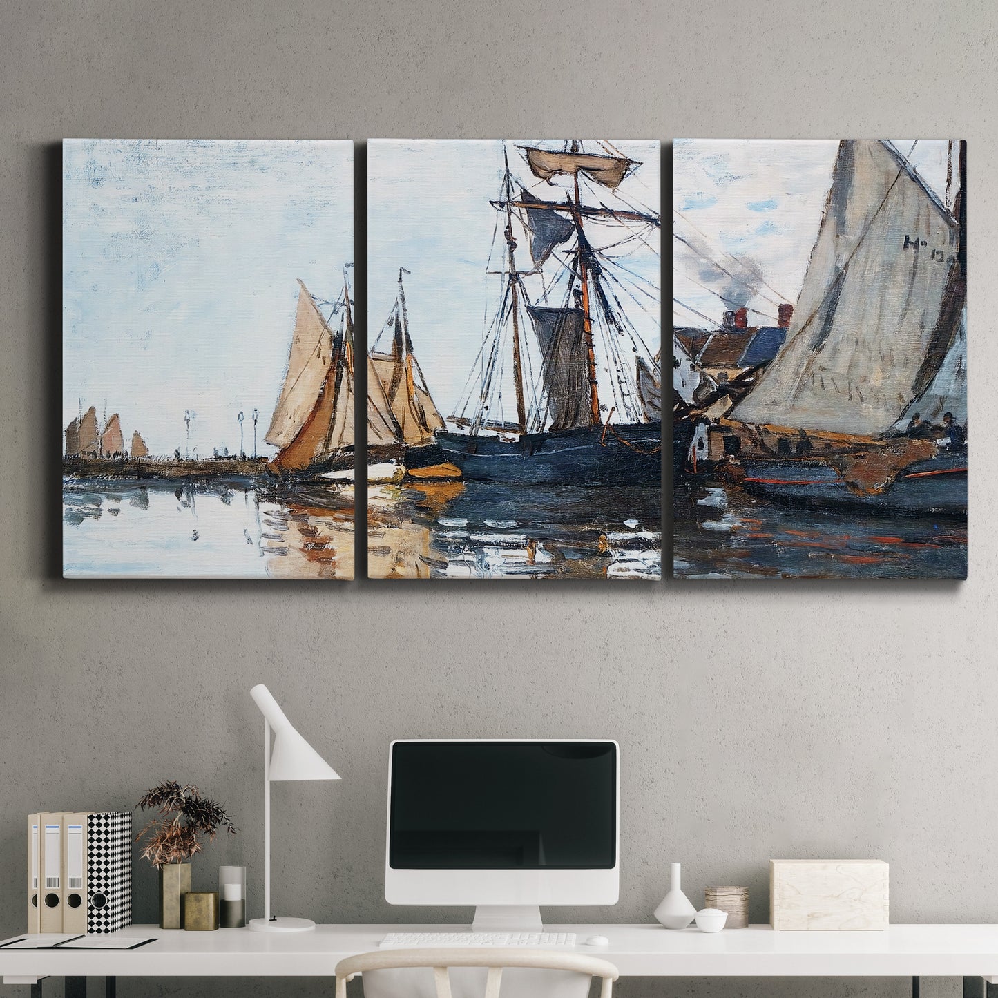 Three-panel canvas wall art featuring fishing boats navigating open water, displayed above a desk in a home office.