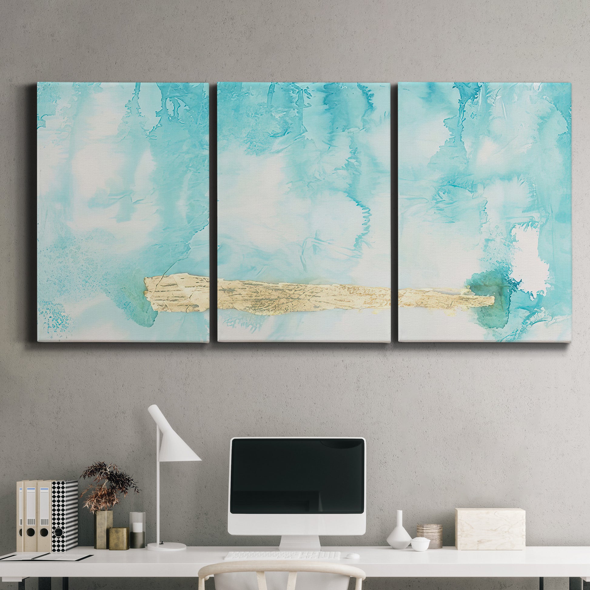 Three-panel canvas wall art featuring saturated abstract color fields, displayed above a desk in a home office.