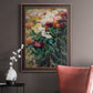 Impressionist garden floral painting by Gustave Caillebotte in an ornate bronzed mahogany wood frame displayed in a neutral interior setting.