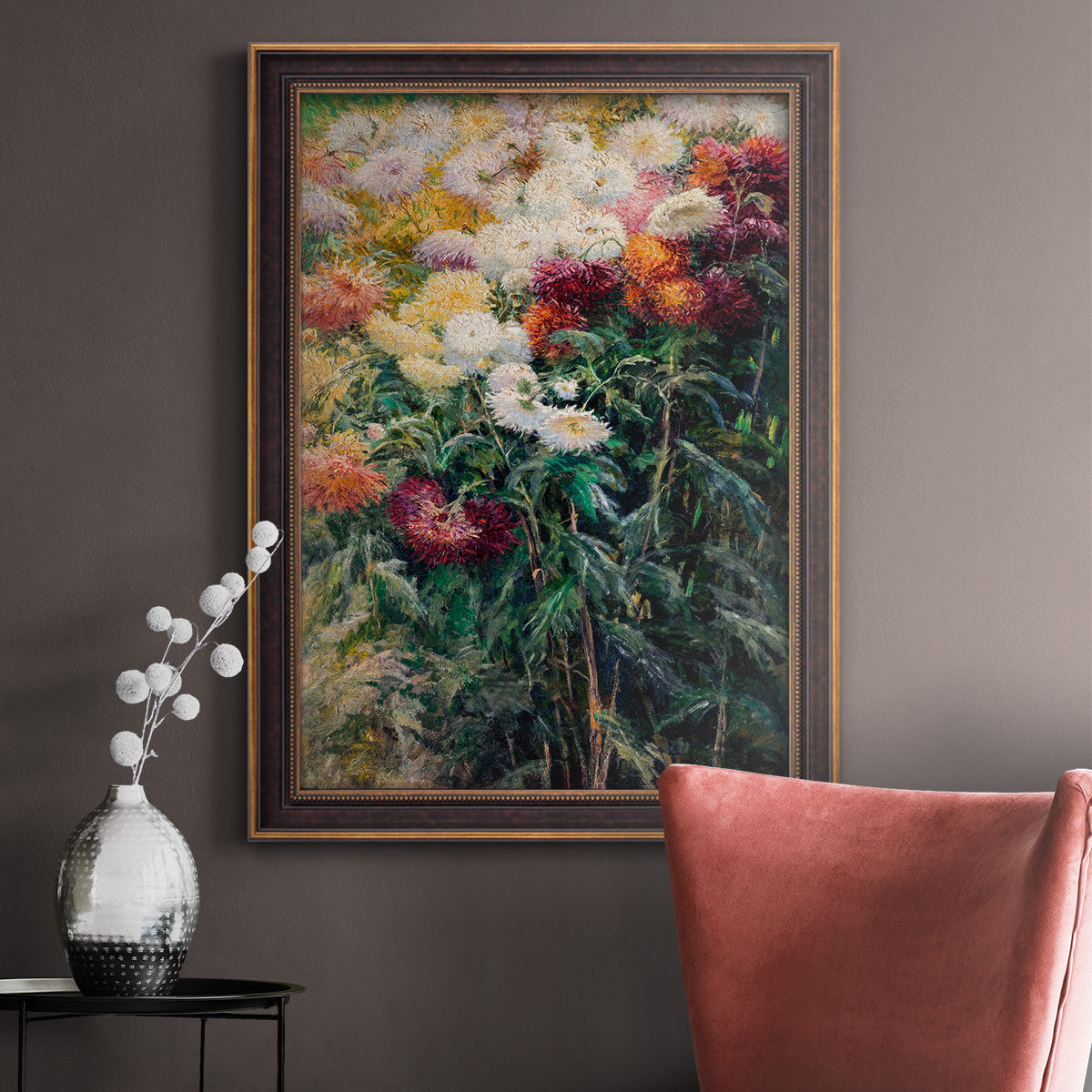Impressionist garden floral painting by Gustave Caillebotte in an ornate bronzed mahogany wood frame displayed in a neutral interior setting.