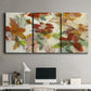 Three-panel canvas wall art featuring layered floral botanical impressions, displayed above a desk in a home office.