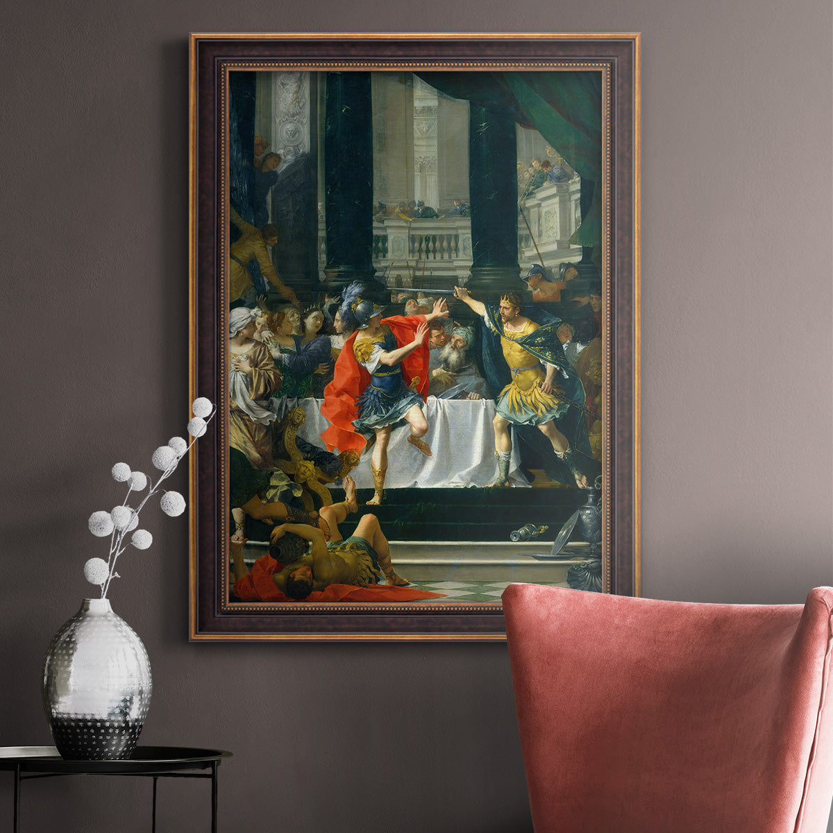 Classical historical painting of Alexander the Great by Donato Creti in an ornate bronzed mahogany wood frame displayed in a neutral interior setting.