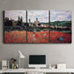 Three-panel canvas wall art featuring poppy field beside village landscape, displayed above a desk in a home office.