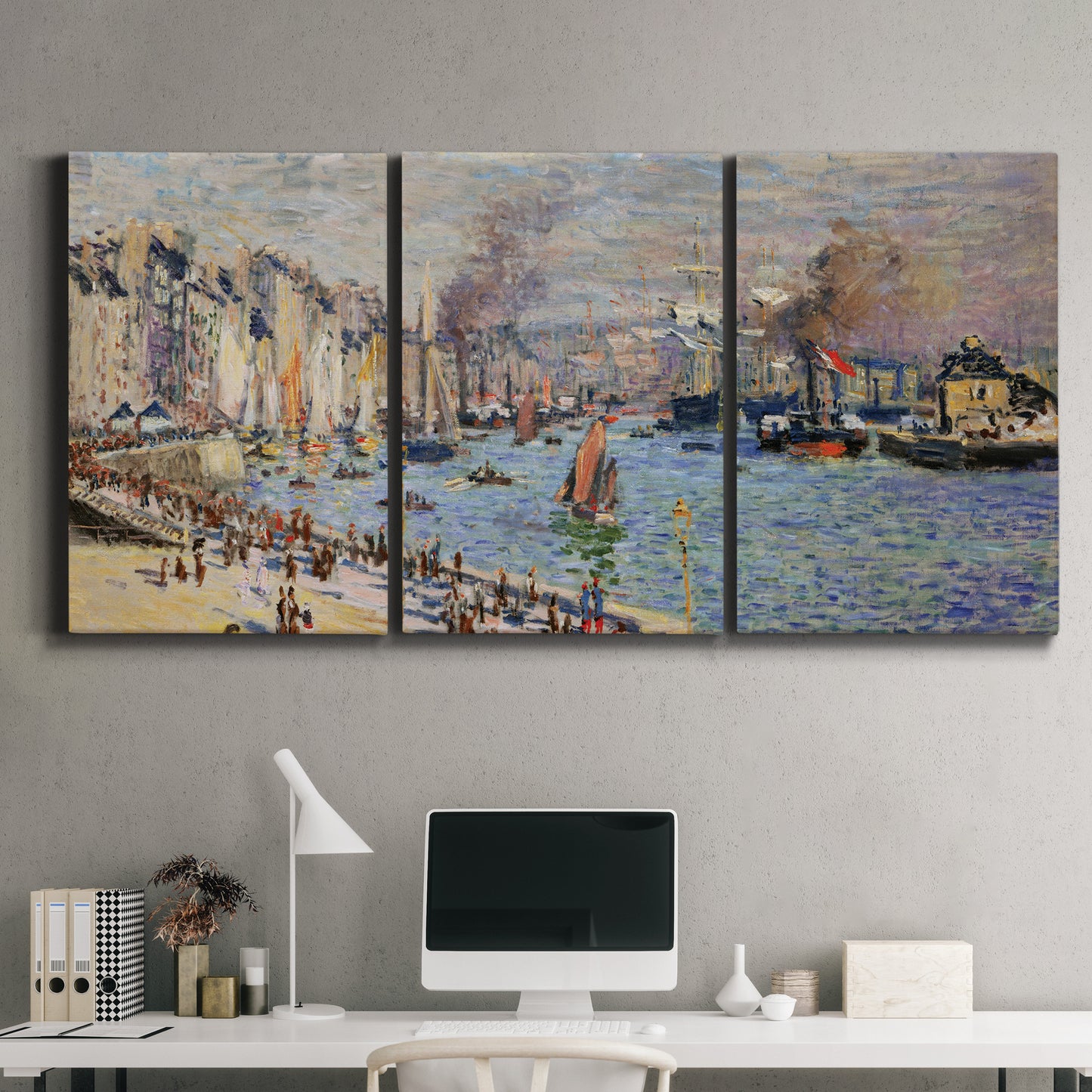 Three-panel canvas wall art featuring evening harbor with reflections, displayed above a desk in a home office.