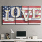 Three-panel canvas wall art featuring patriotic rustic typography art, displayed above a desk in a home office.