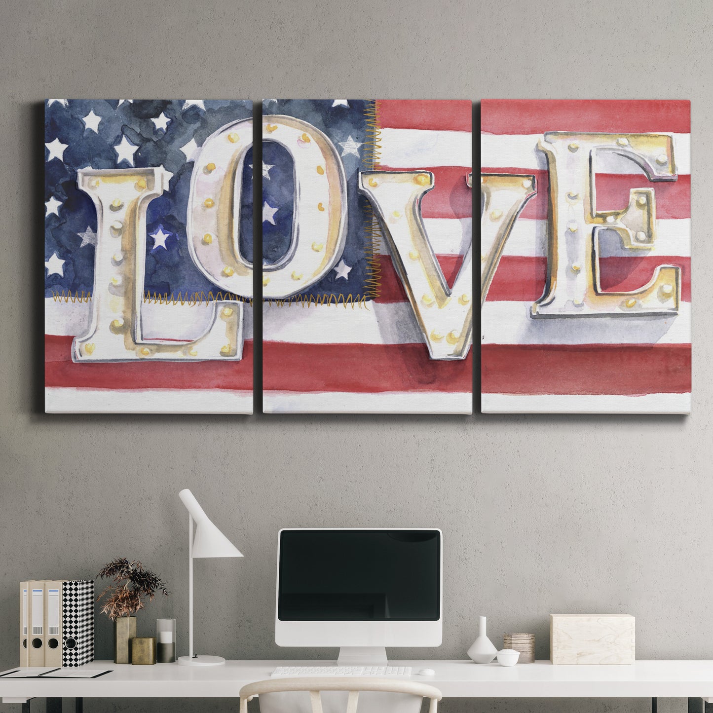 Three-panel canvas wall art featuring patriotic rustic typography art, displayed above a desk in a home office.