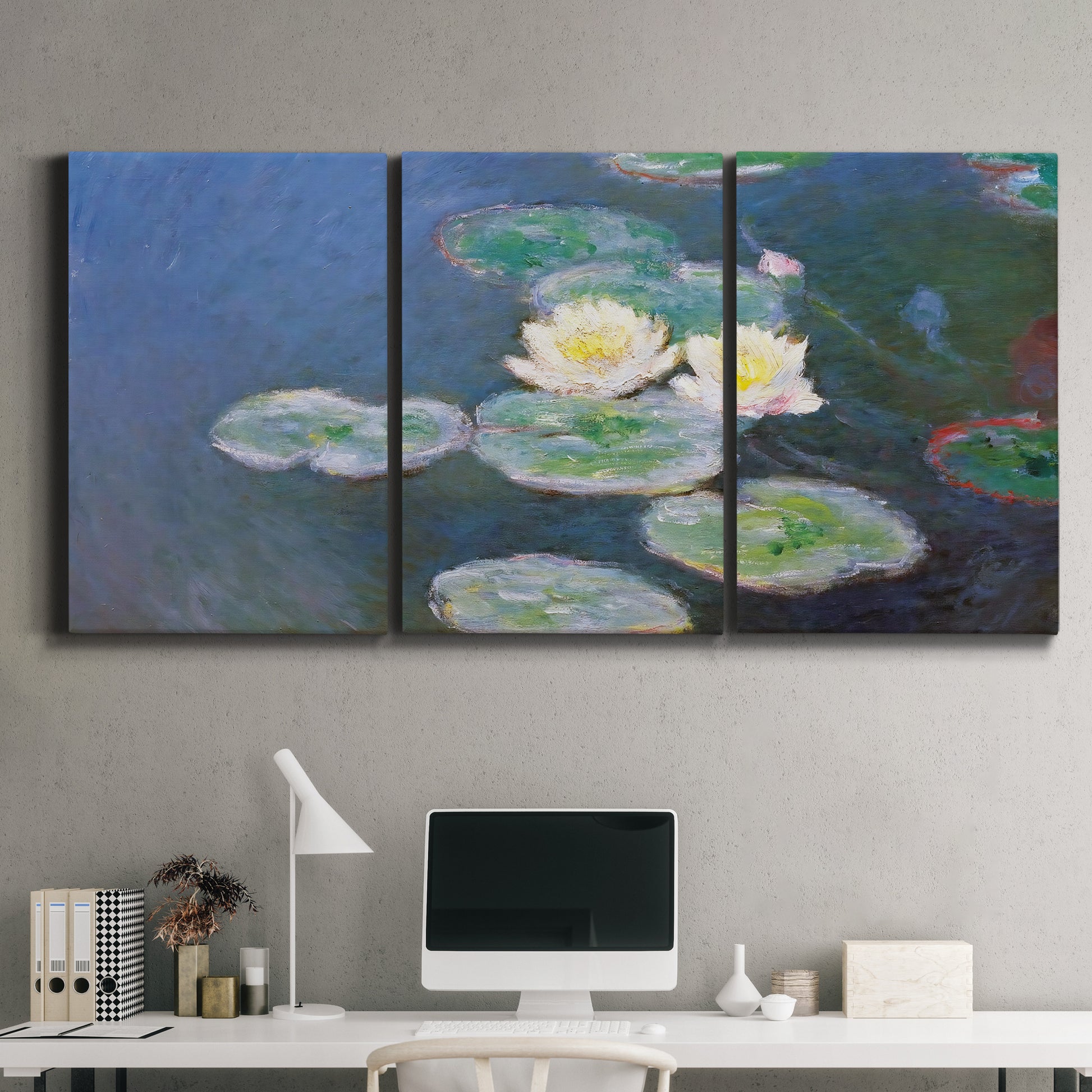 Three-panel canvas wall art featuring water lilies floating on pond, displayed above a desk in a home office.