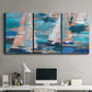 Three-panel canvas wall art featuring graphic pop style sailboats, displayed above a desk in a home office.