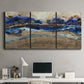 Three-panel canvas wall art featuring abstract coastal jewel toned composition, displayed above a desk in a home office.